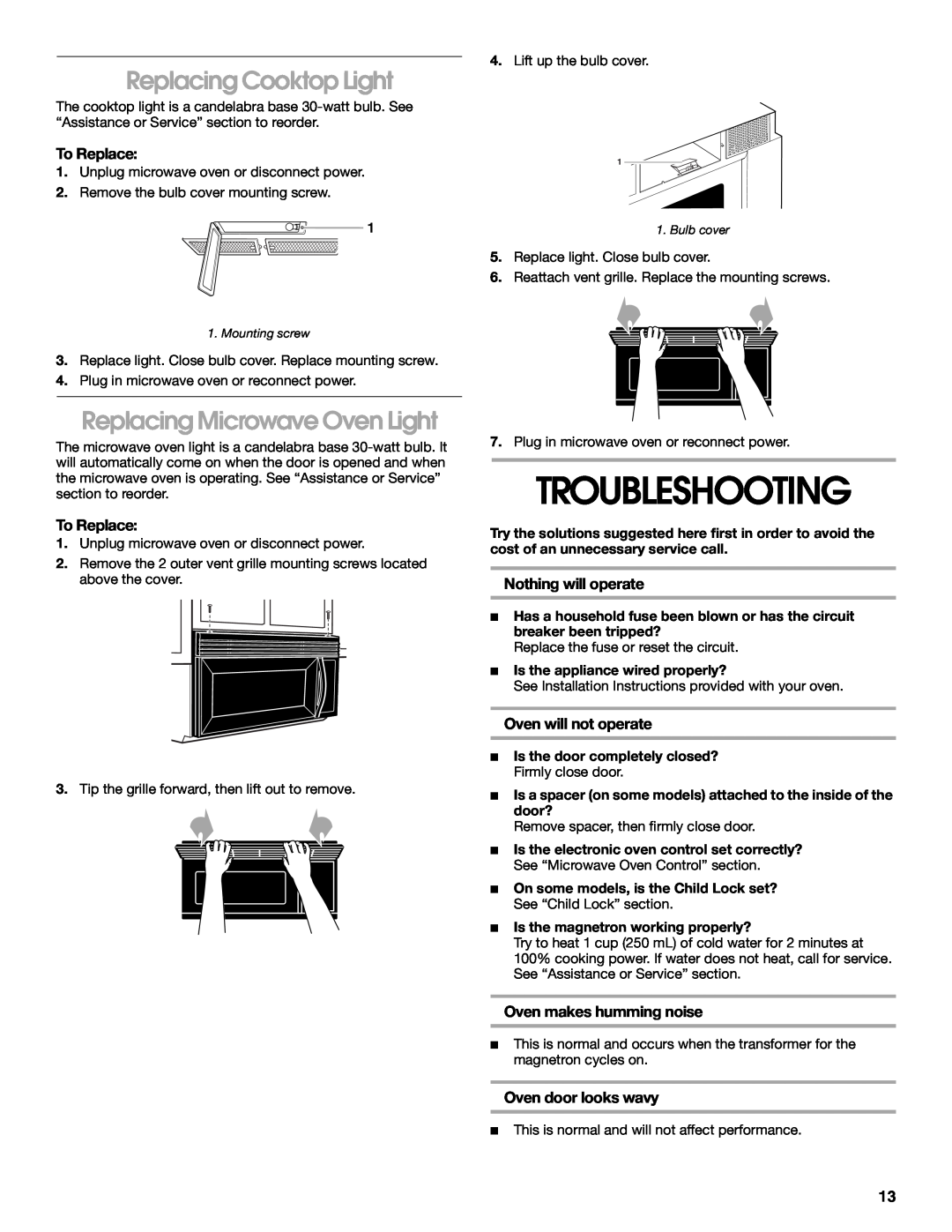 Whirlpool TMH14XM manual Troubleshooting, Replacing Cooktop Light, Replacing Microwave Oven Light 