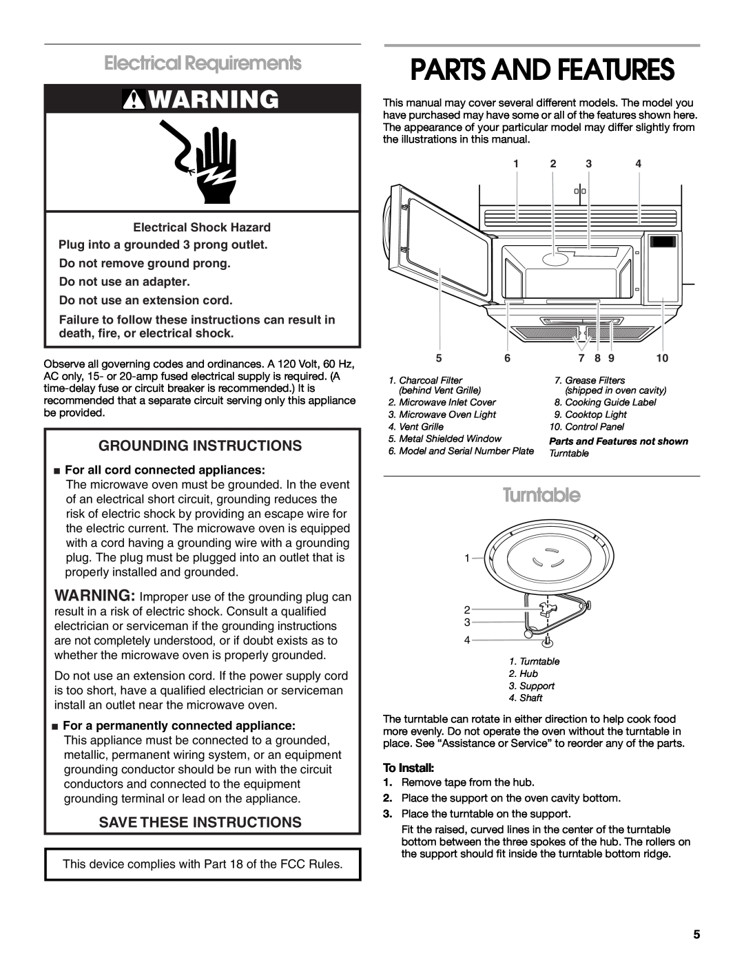 Whirlpool TMH14XM Parts And Features, Electrical Requirements, Turntable, Grounding Instructions, Save These Instructions 