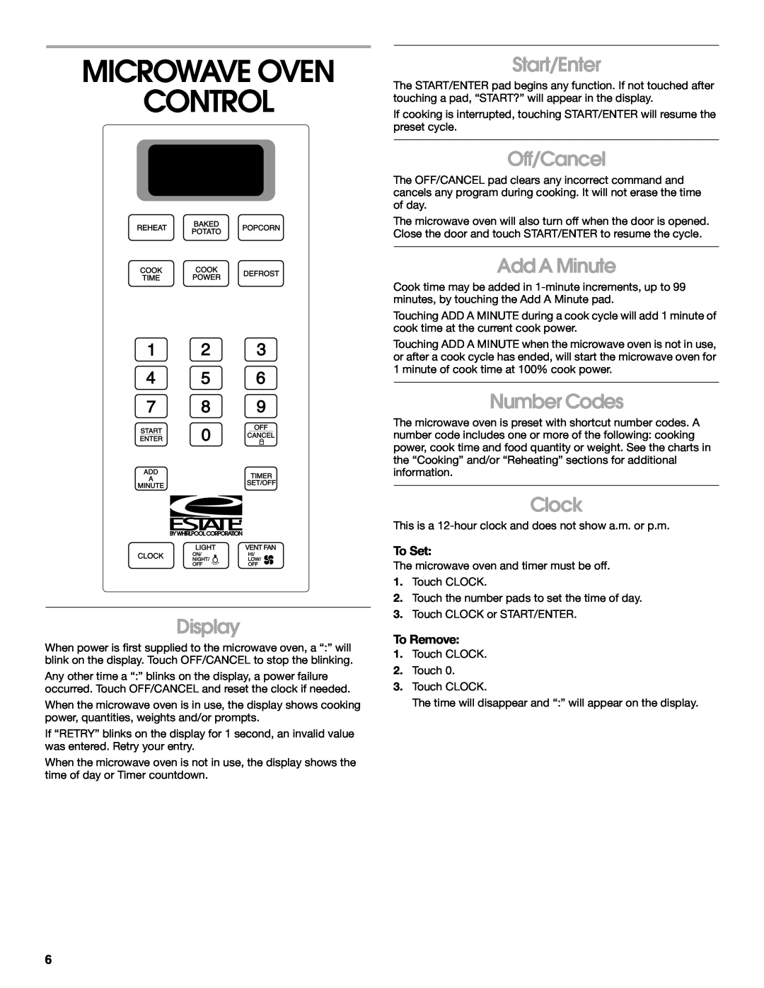 Whirlpool TMH14XM manual Microwave Oven Control, Display, Start/Enter, Off/Cancel, Add A Minute, Number Codes, Clock 