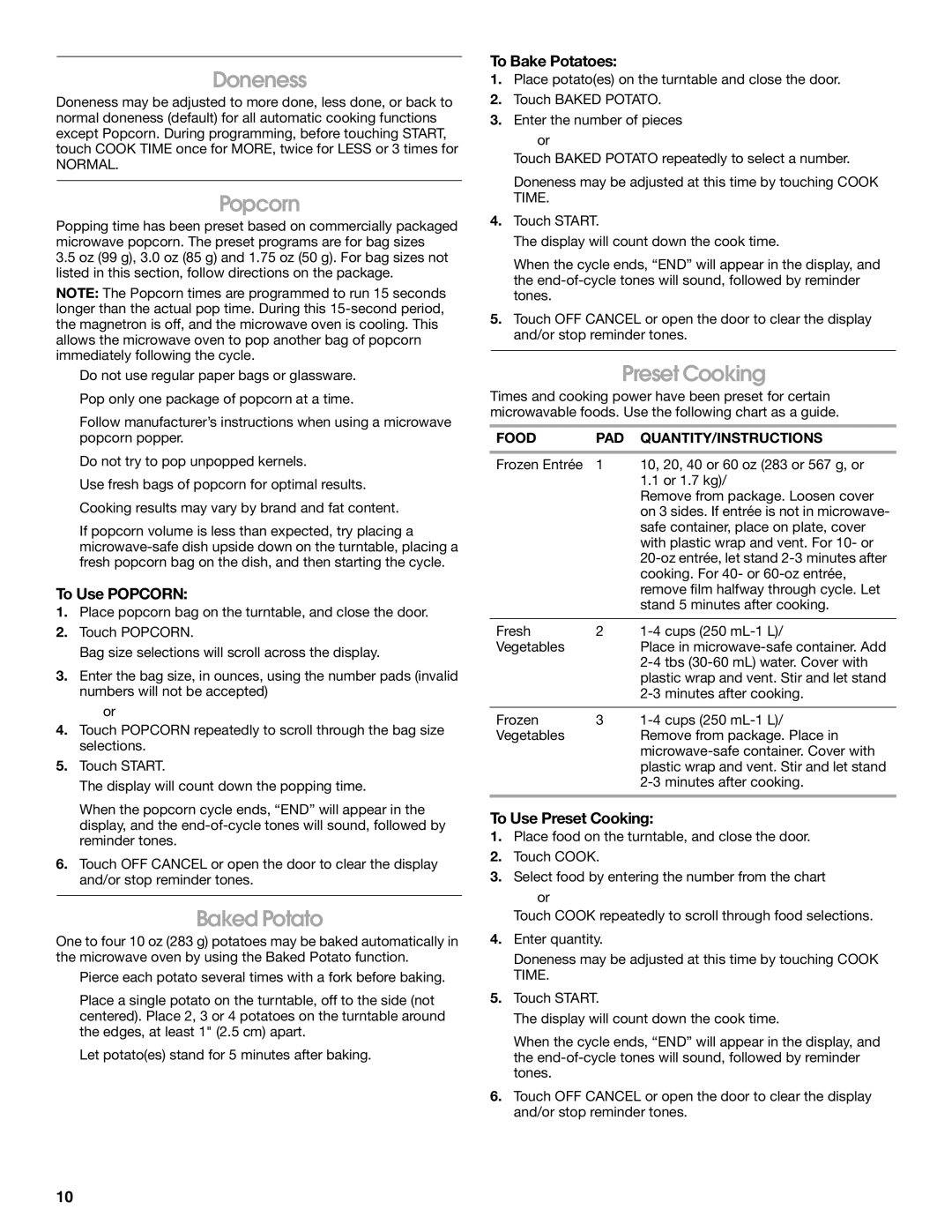 Whirlpool TMH16XS manual Doneness, Popcorn, Baked Potato, Preset Cooking 