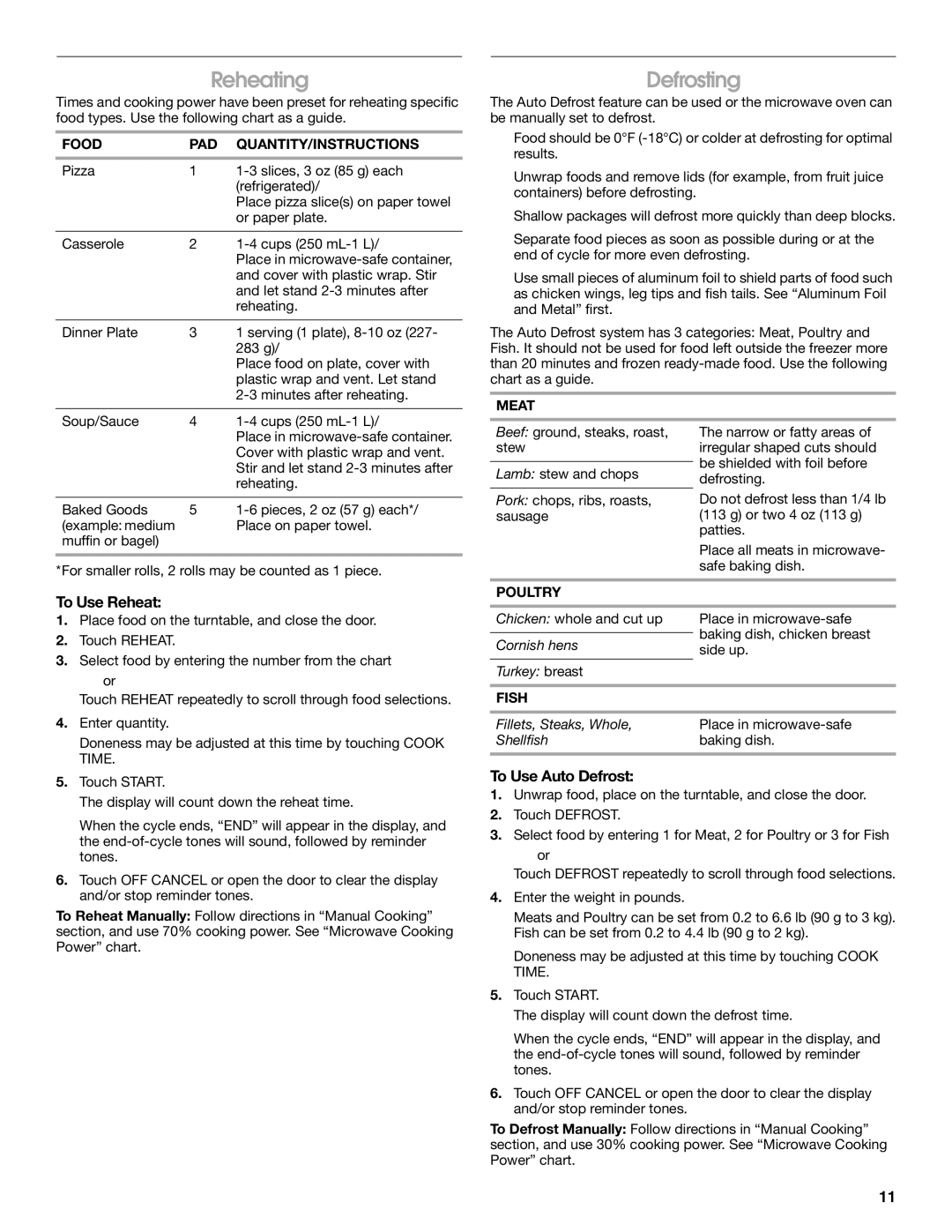 Whirlpool TMH16XS manual Reheating, Defrosting, To Use Reheat, To Use Auto Defrost 