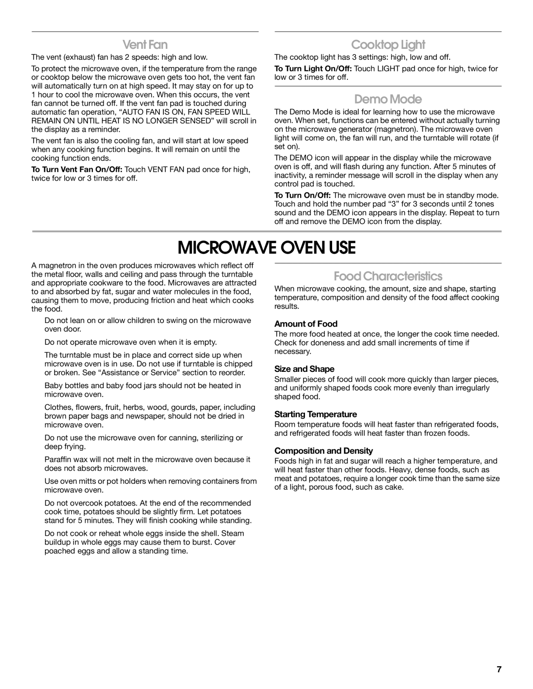 Whirlpool TMH16XS manual Microwave Oven USE, Vent Fan, Demo Mode, Food Characteristics 