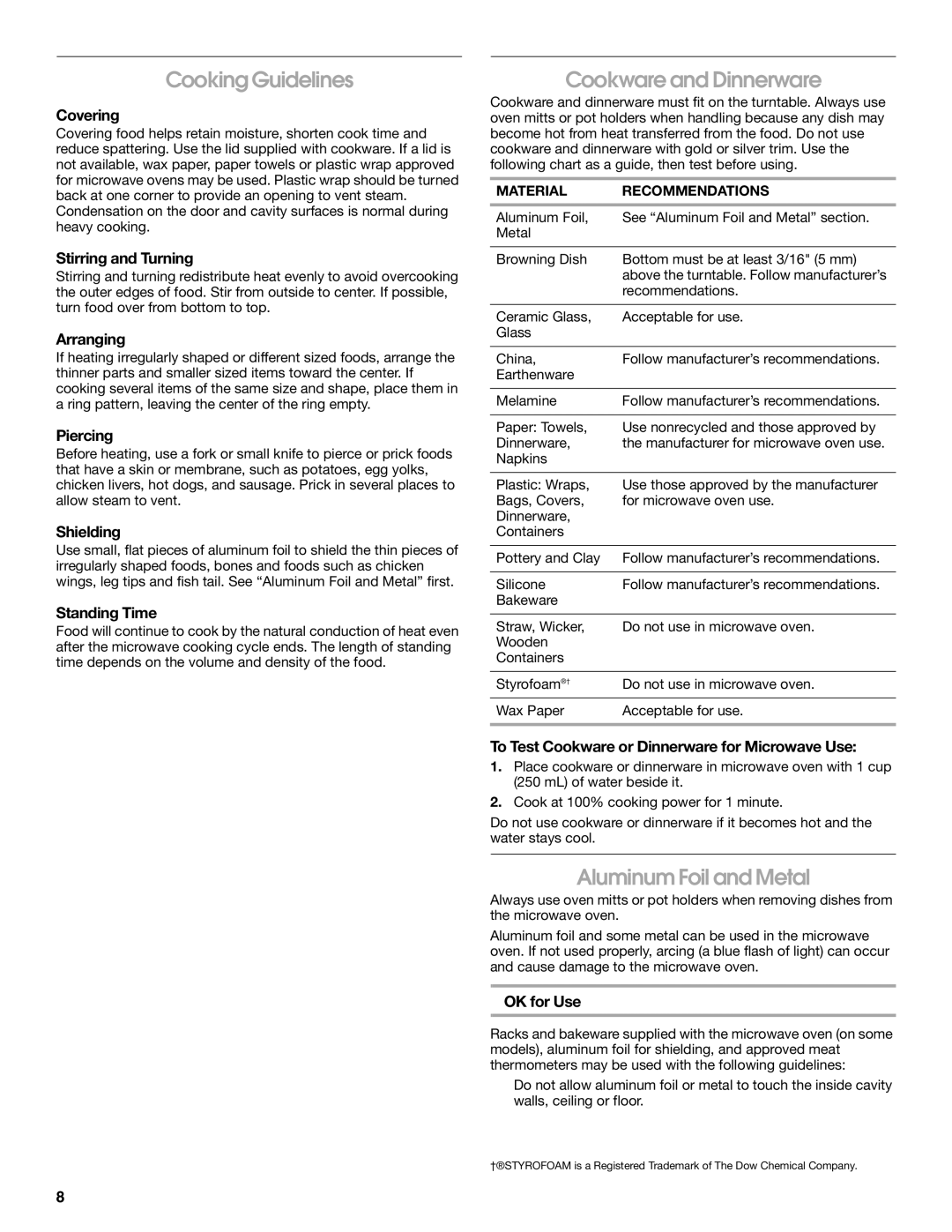 Whirlpool TMH16XS manual Cooking Guidelines, Cookware and Dinnerware, Aluminum Foil and Metal 