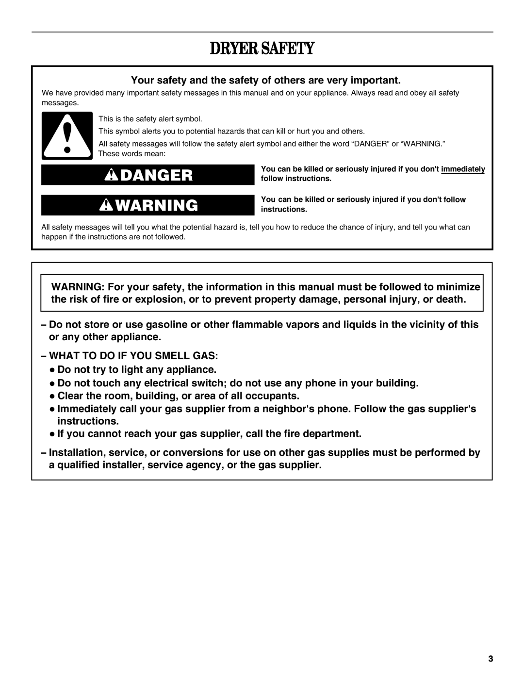 Whirlpool Top-Load Dryer manual Dryer Safety, Danger 