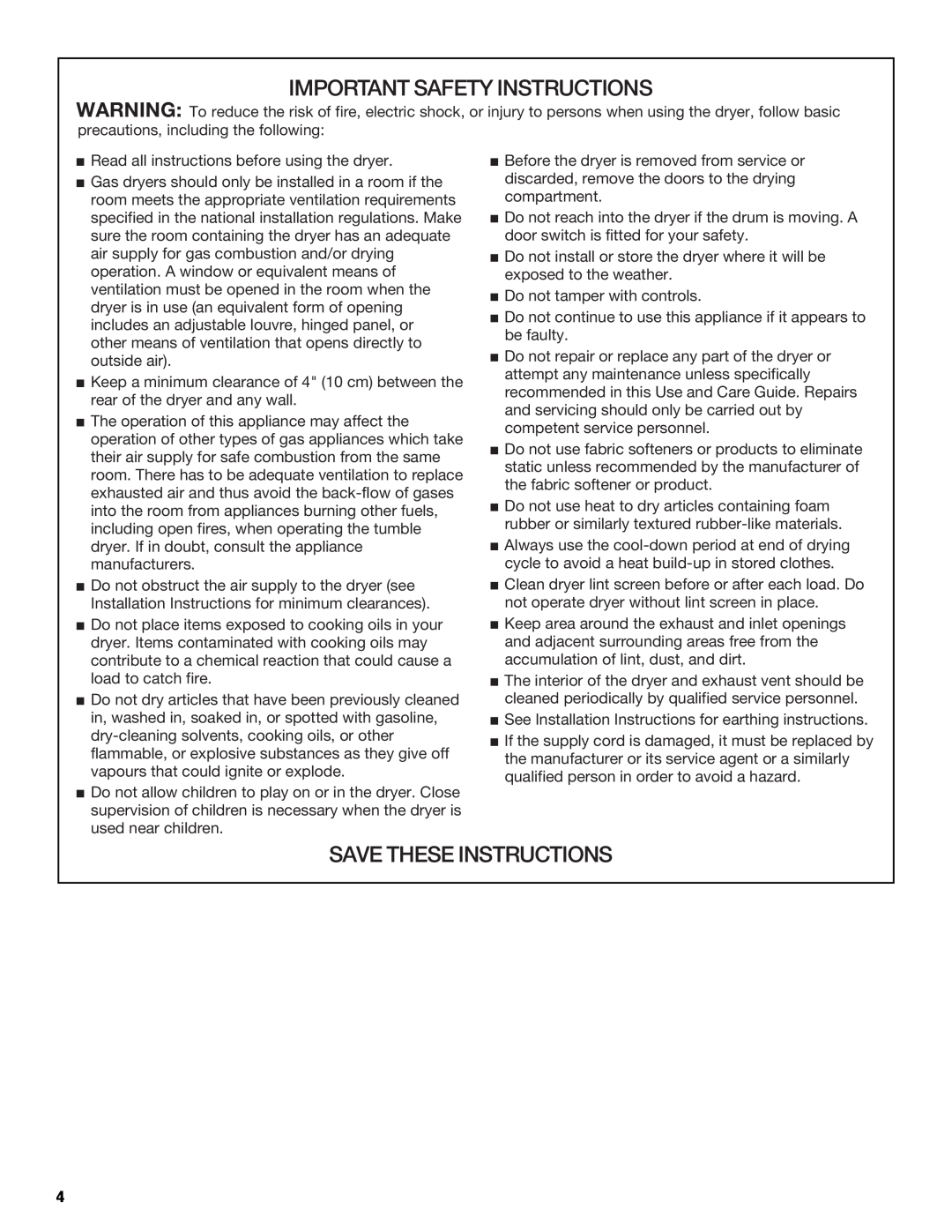 Whirlpool Top-Load Dryer manual Important Safety Instructions, Save These Instructions 
