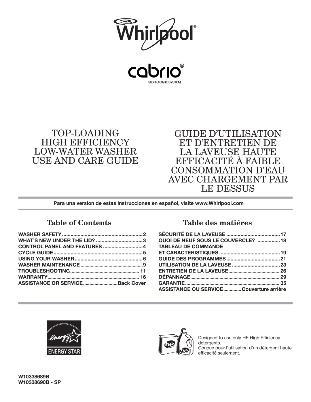 Whirlpool TOP-LOADING HIGH EFFICIENCY LOW-WATER WASHER warranty Table of Contents 