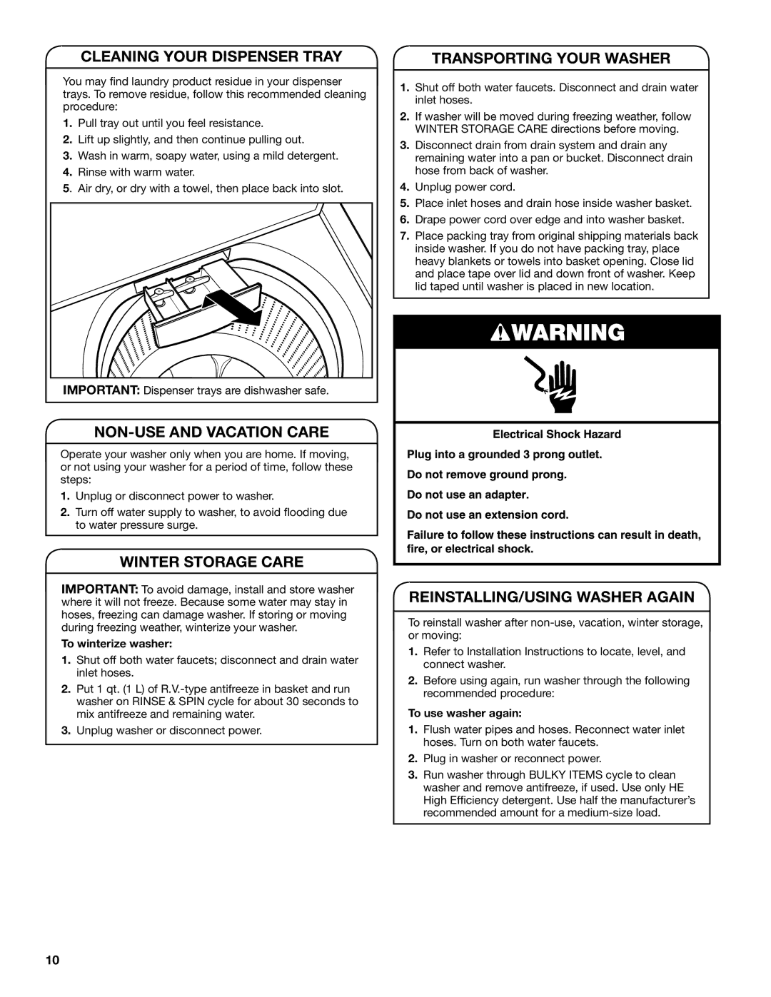 Whirlpool TOP-LOADING HIGH EFFICIENCY LOW-WATER WASHER warranty To winterize washer, To use washer again 