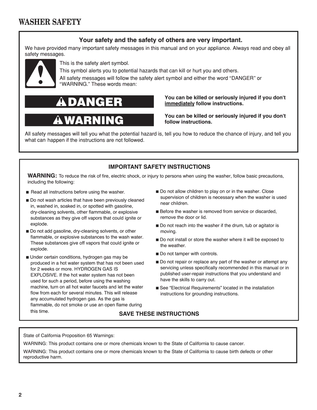 Whirlpool TOP-LOADING HIGH EFFICIENCY LOW-WATER WASHER warranty Washer Safety 