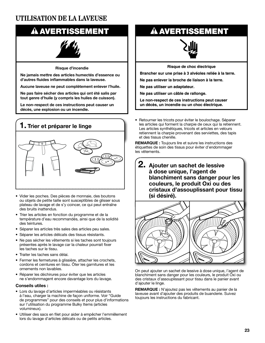 Whirlpool TOP-LOADING HIGH EFFICIENCY LOW-WATER WASHER warranty Utilisation DE LA Laveuse, Trier et préparer le linge 