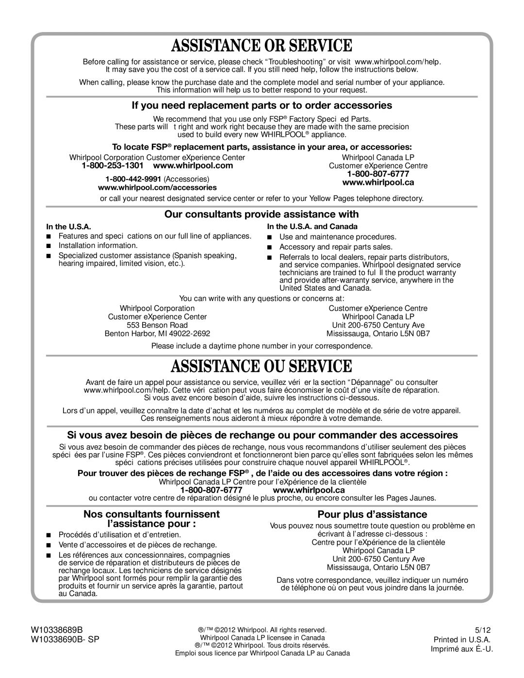 Whirlpool TOP-LOADING HIGH EFFICIENCY LOW-WATER WASHER warranty W10338689B W10338690B- SP, U.S.A. and Canada 