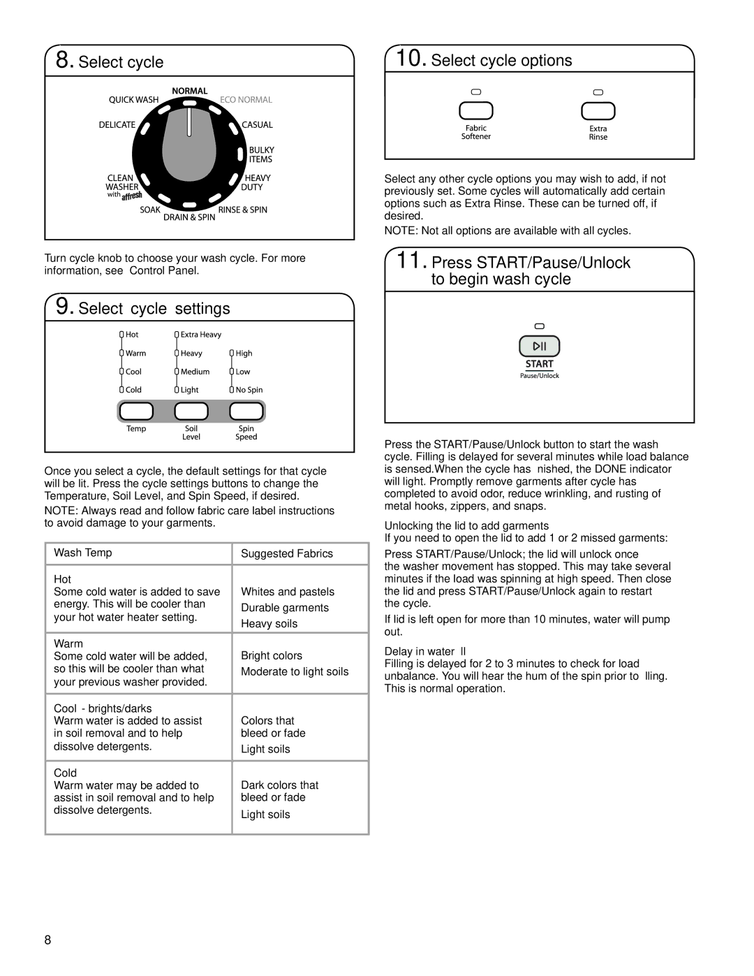 Whirlpool TOP-LOADING HIGH EFFICIENCY LOW-WATER WASHER warranty Select cycle Select cycle options, Select cycle settings 