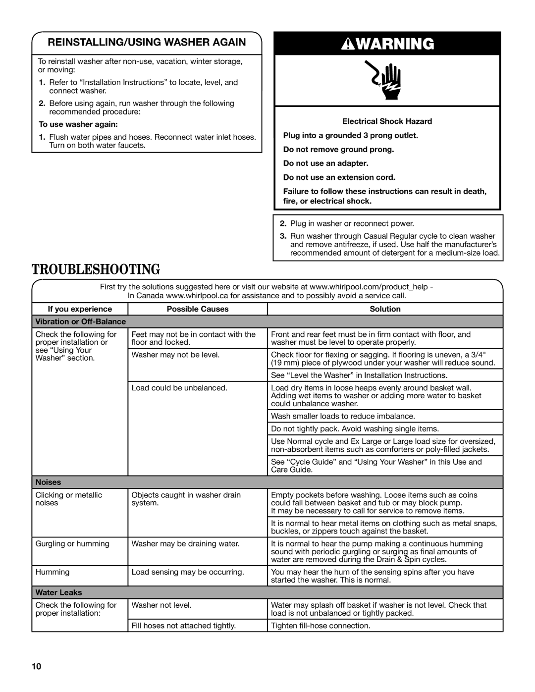 Whirlpool Top Loading Washer Use and Care Guide Troubleshooting, REINSTALLING/USING Washer Again, To use washer again 