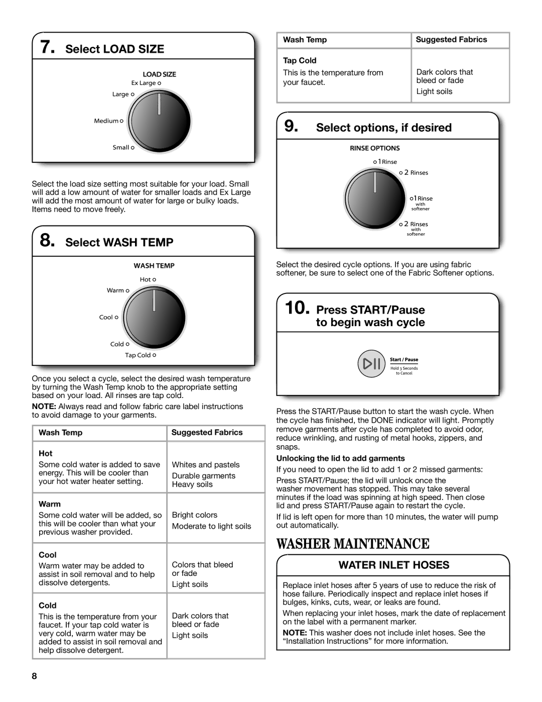 Whirlpool Top Loading Washer Use and Care Guide warranty Washer Maintenance, Select Load Size, Select Wash Temp 