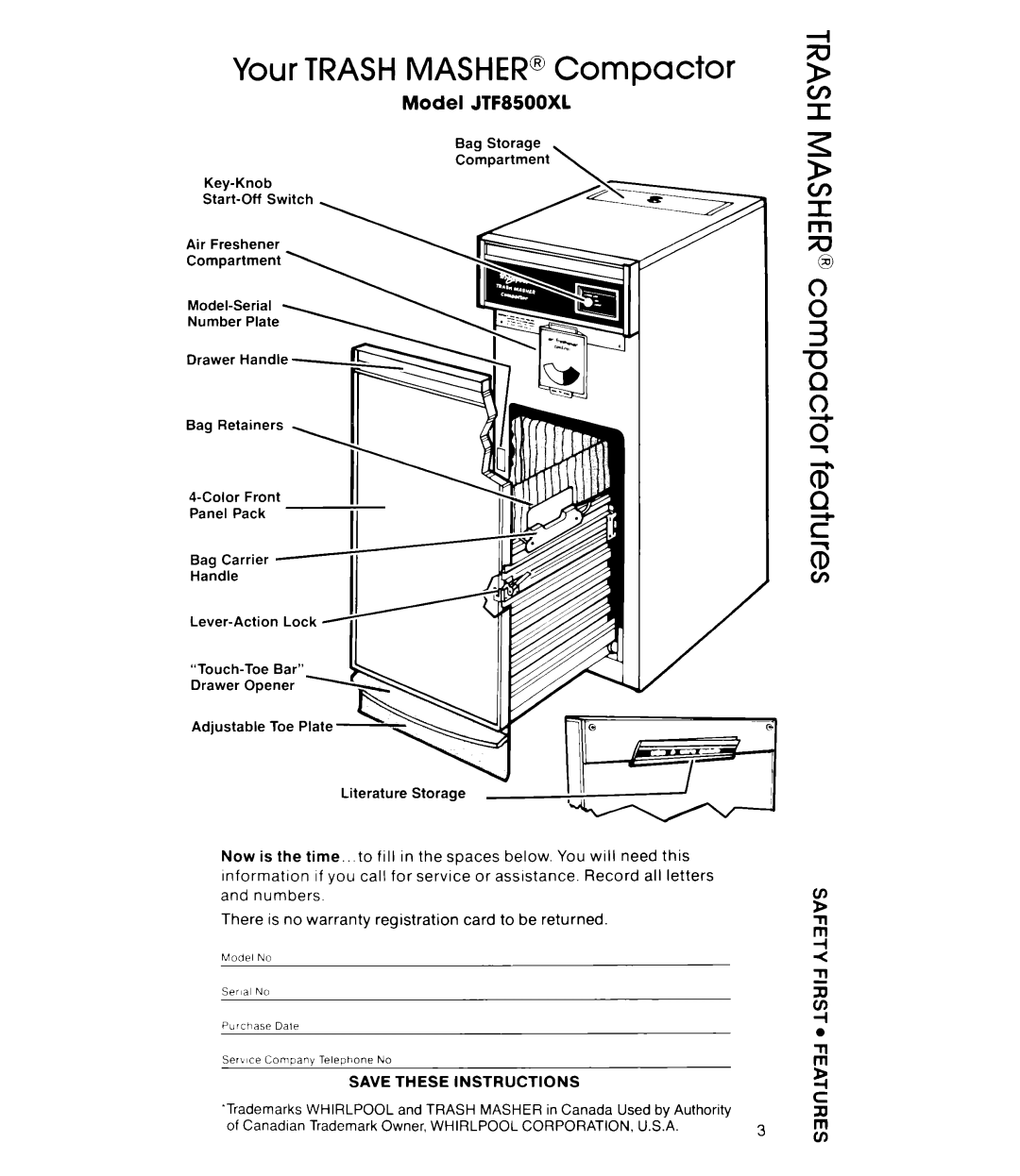 Whirlpool 403, TRASH MASHER, Trash Compactor manual Your TRASHMASHER@Compactor, Model JTF8500XL 