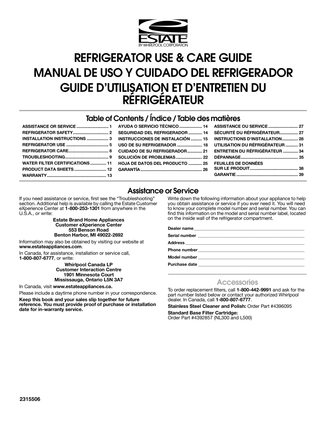 Whirlpool TS22AGXNQ00 warranty Table of Contents / Índice / Table des matières, Accessories 