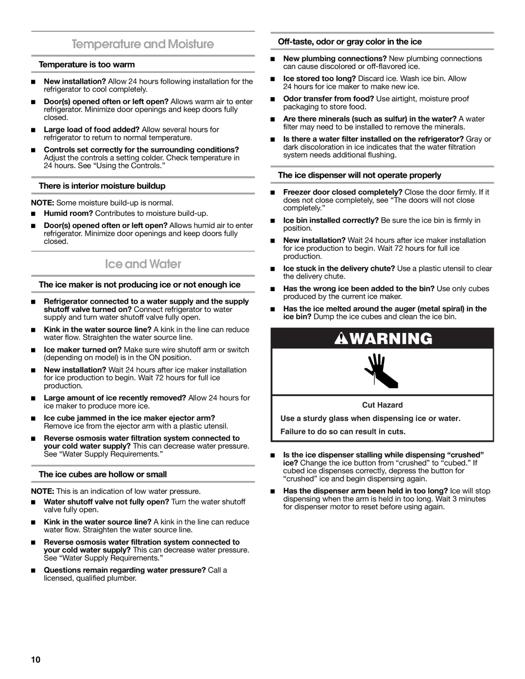 Whirlpool TS22AGXNQ00 warranty Temperature and Moisture, Ice and Water 