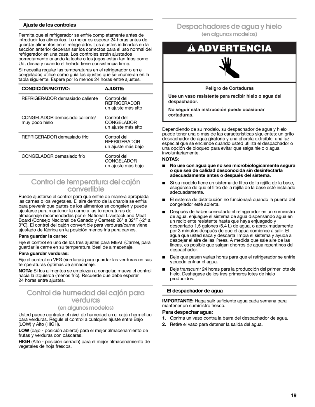 Whirlpool TS22AGXNQ00 warranty Control de temperatura del cajón Convertible, Despachadores de agua y hielo 