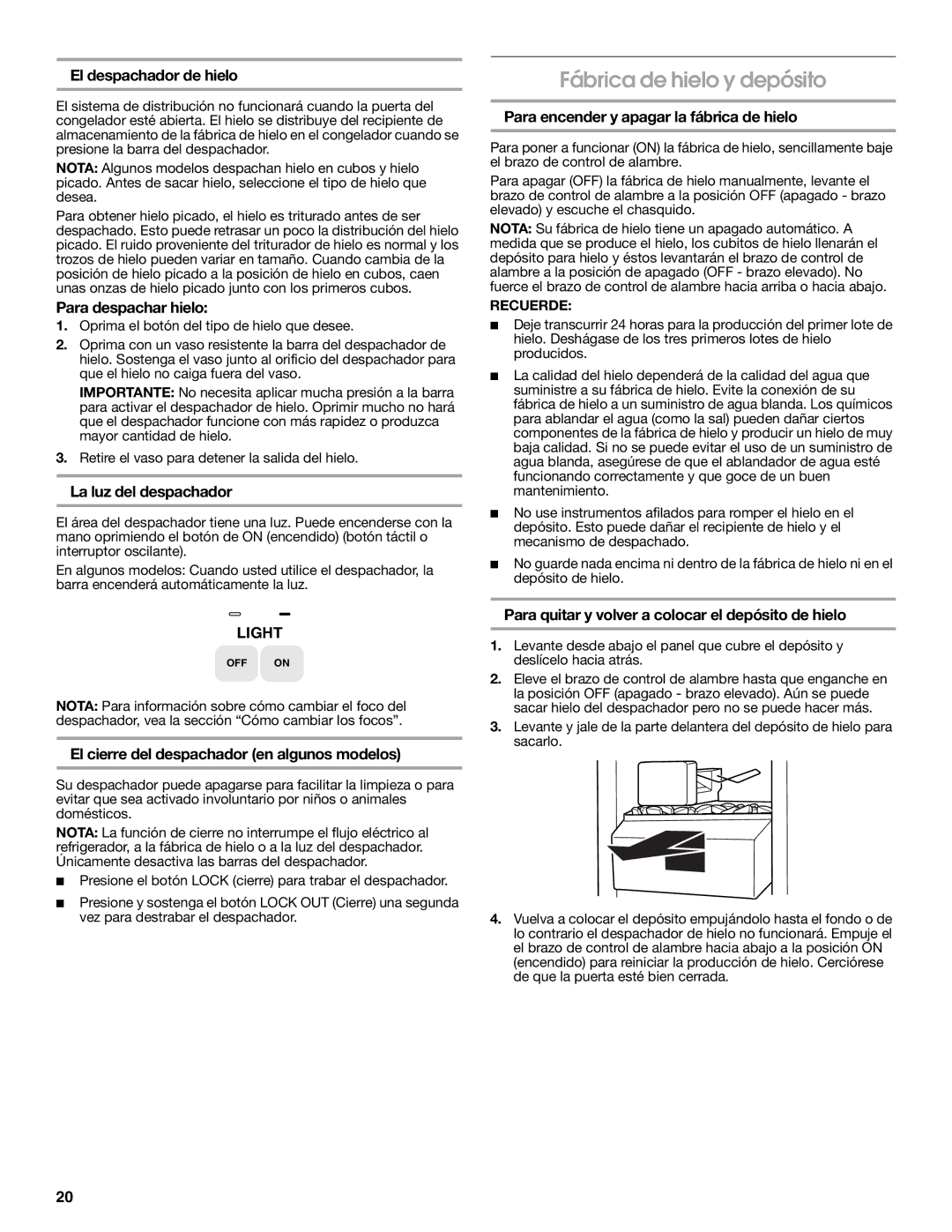 Whirlpool TS22AGXNQ00 warranty Fábrica de hielo y depósito 