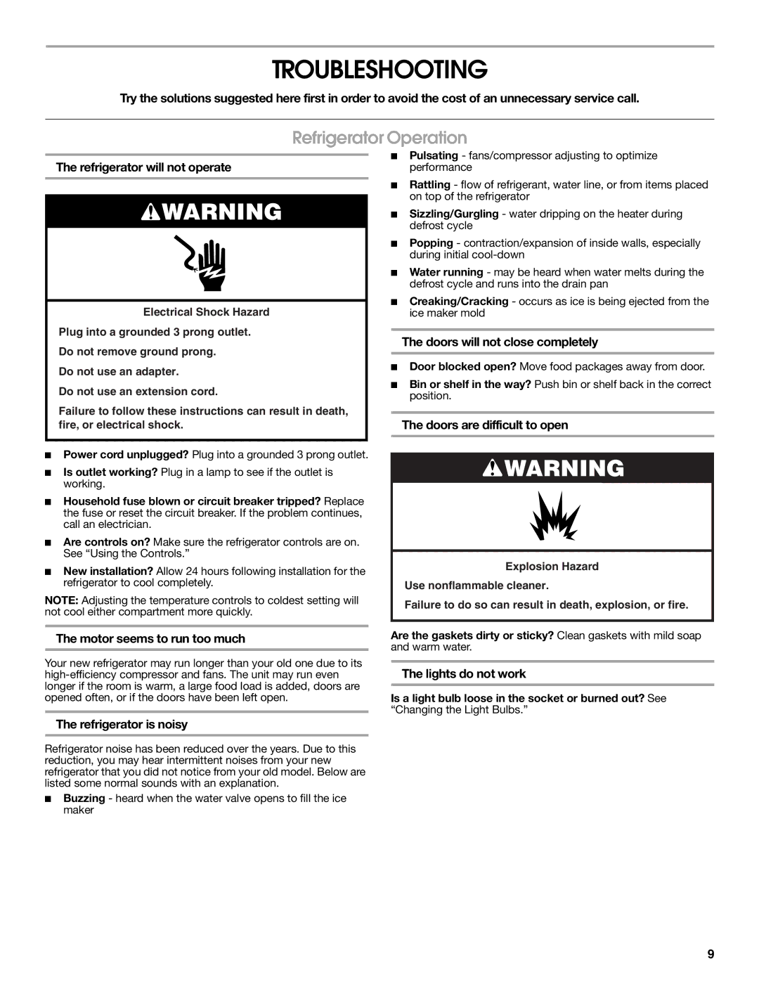 Whirlpool TS22AGXNQ00 warranty Troubleshooting, Refrigerator Operation 