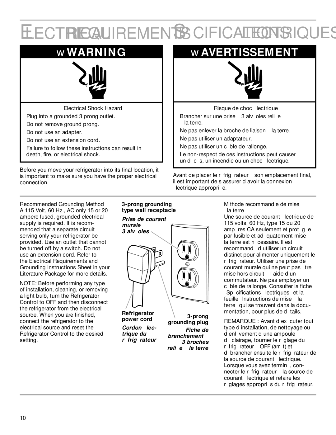 Whirlpool TS22AQXGN00 manual Prong grounding type wall receptacle, Refrigerator Prong Power cord Grounding plug 