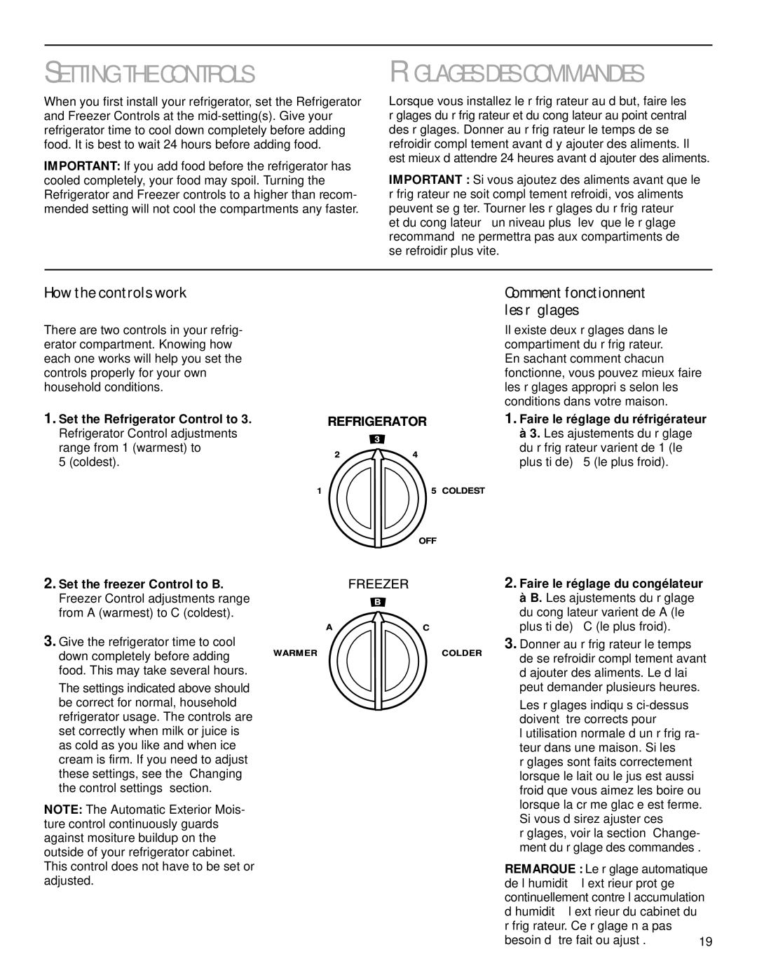 Whirlpool TS22AQXGN00 How the controls work, Comment fonctionnent les rŽglages, Set the freezer Control to B, Freezer 