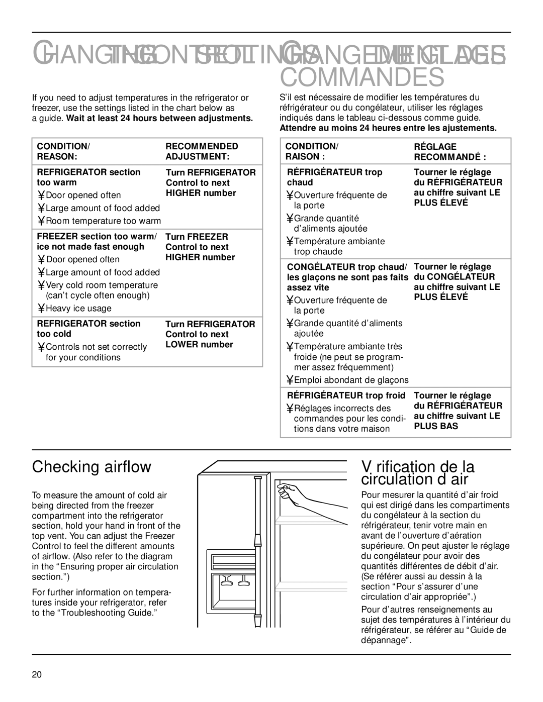 Whirlpool TS22AQXGN00 manual Checking airflow, Condition Recommended Reason Adjustment, Condition Réglage Raison Recommandé 