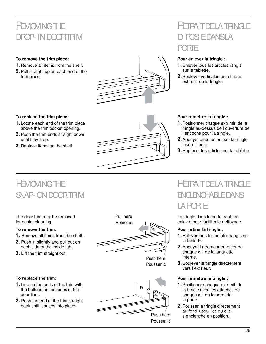 Whirlpool TS22AQXGN00 manual To remove the trim piece, To replace the trim piece, Pour enlever la tringle, Pull here 