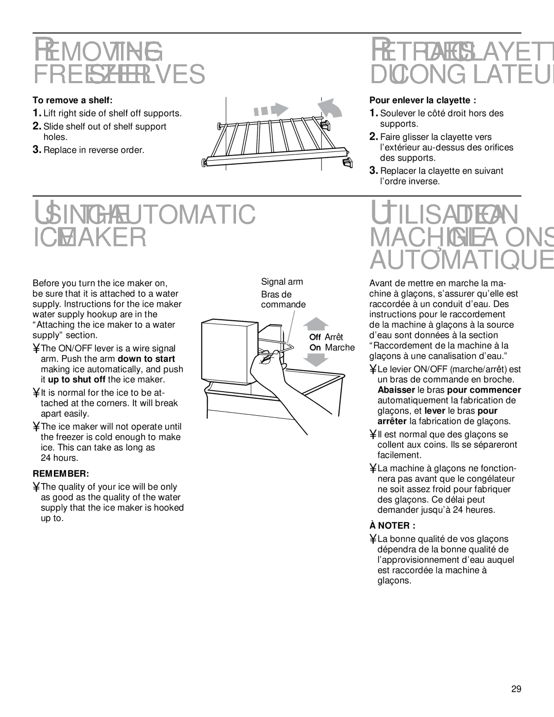 Whirlpool TS22AQXGN00 manual Removing Freezer Shelves, Pour enlever la clayette, Remember, Signal arm 