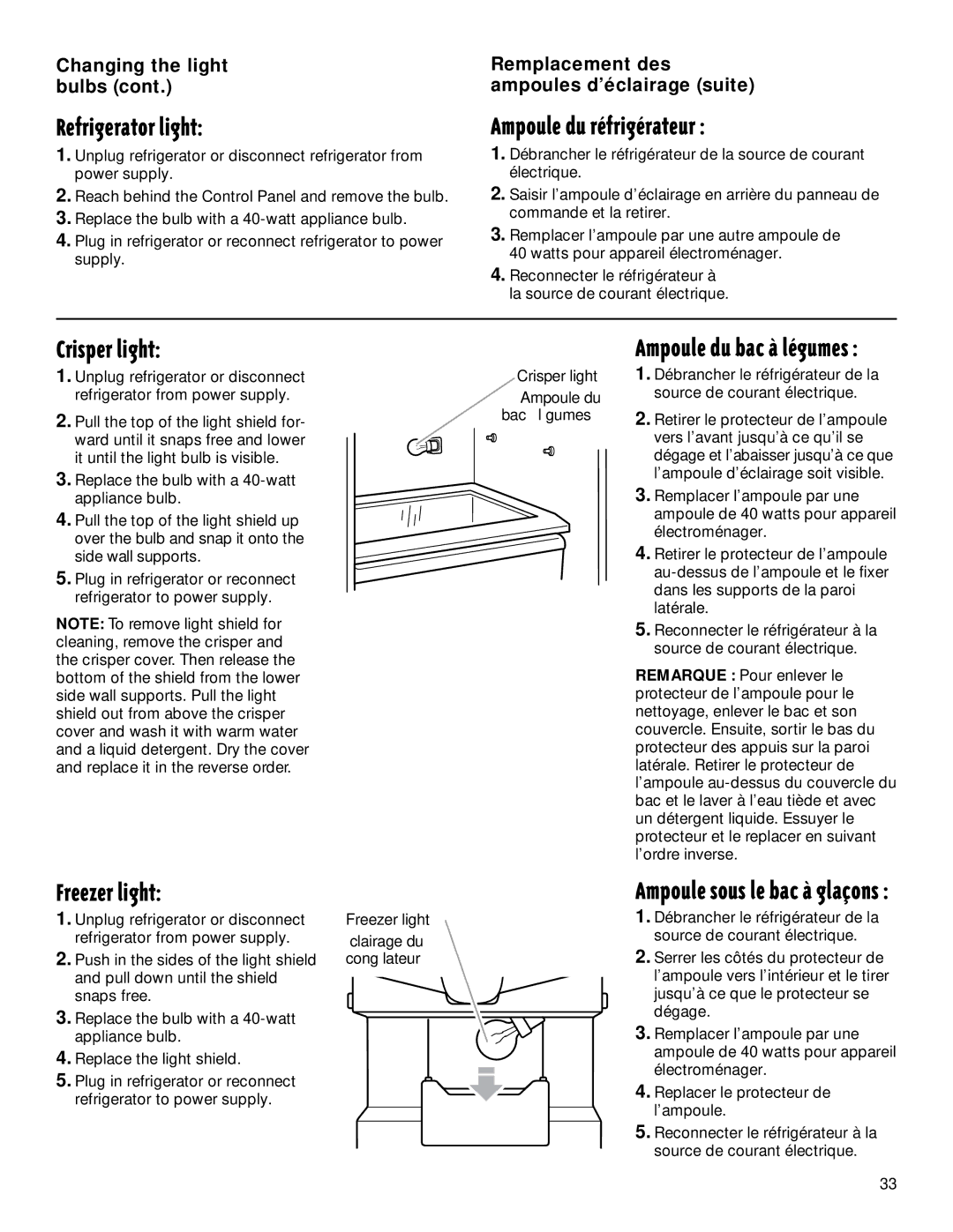 Whirlpool TS22AQXGN00 manual Refrigerator light, Ampoule du rŽfrigŽrateurÊ, Crisper light, Freezer light 