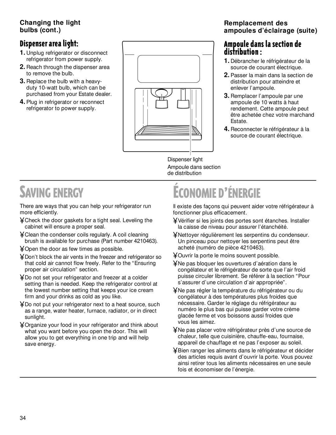 Whirlpool TS22AQXGN00 manual Saving Energy, Dispenser area light, Changing the light bulbs, Dispenser light 