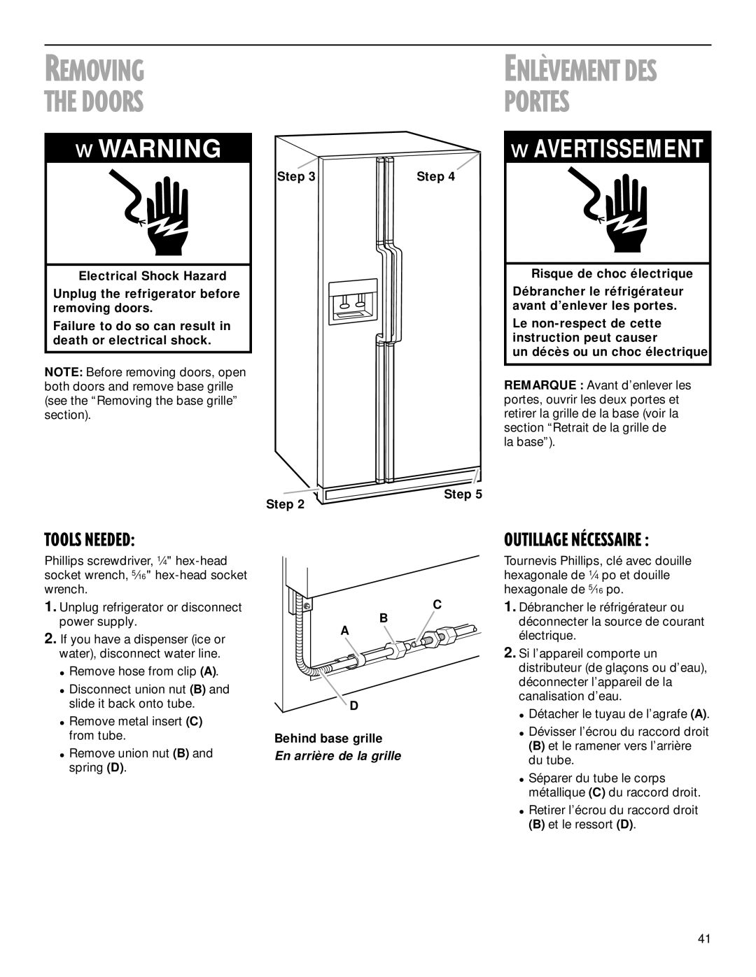 Whirlpool TS22AQXGN00 manual Removing Doors, Behind base grille En arrière de la grille 