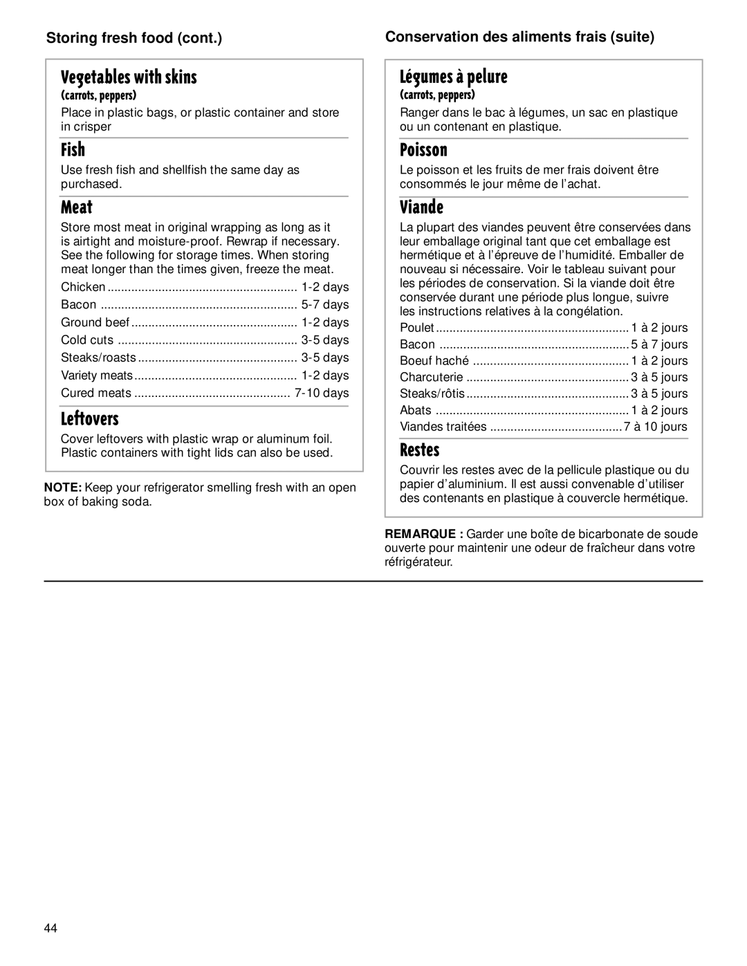 Whirlpool TS22AQXGN00 manual Vegetables with skins, Fish, Meat, Leftovers, LŽgumes ˆ pelure, Poisson, Viande, Restes 