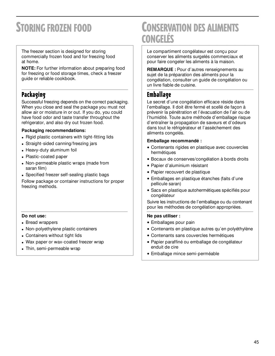 Whirlpool TS22AQXGN00 manual Packaging, Emballage 