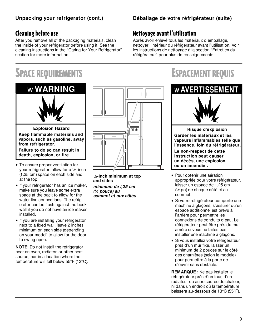 Whirlpool TS22AQXGN00 Space Requirements, Cleaning before use, Nettoyage avant lÕutilisation, Unpacking your refrigerator 