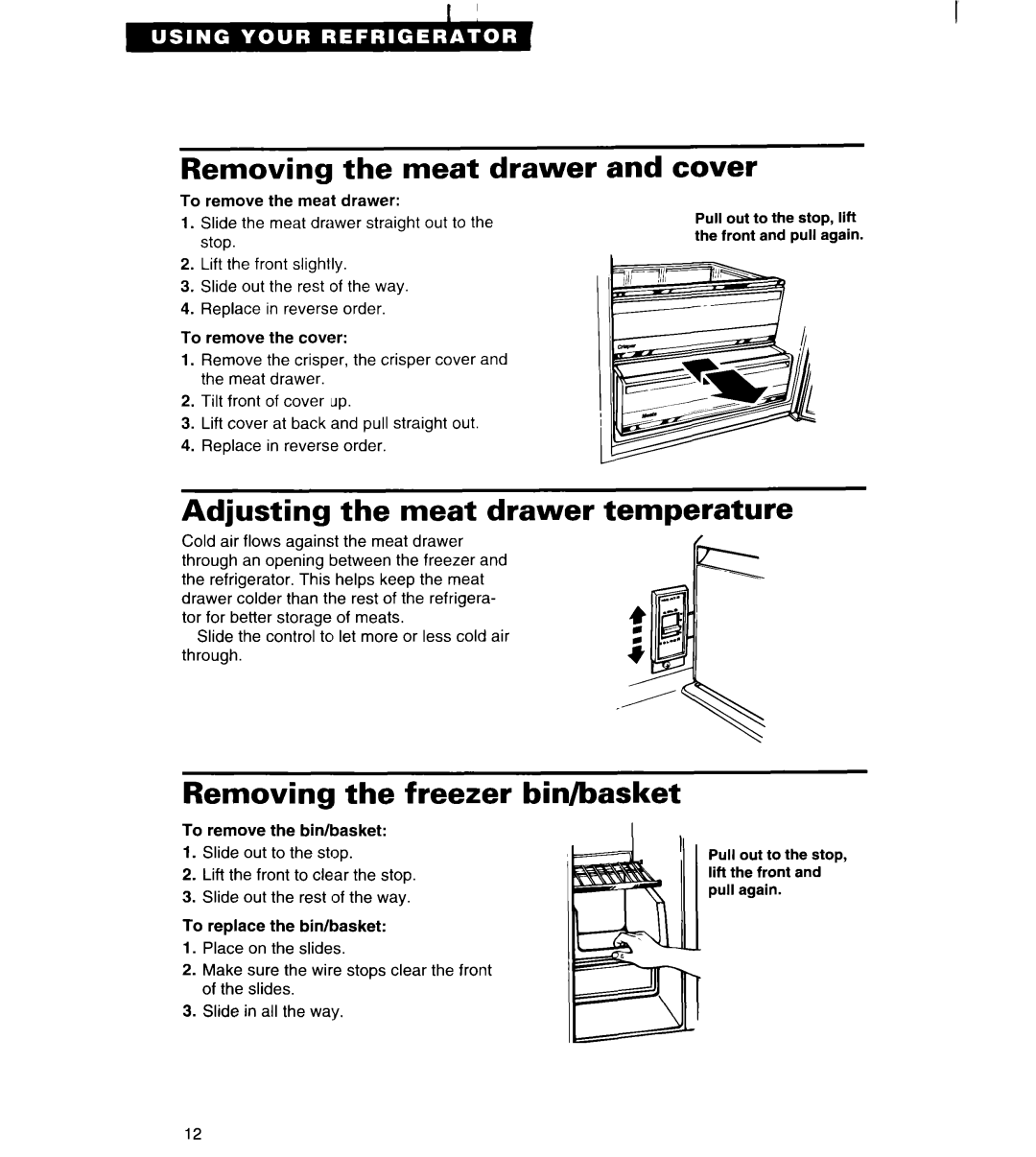 Whirlpool TS22AW Removing the meat drawer, Cover, Adjusting the meat drawer temperature, Removing the freezer bin/basket 