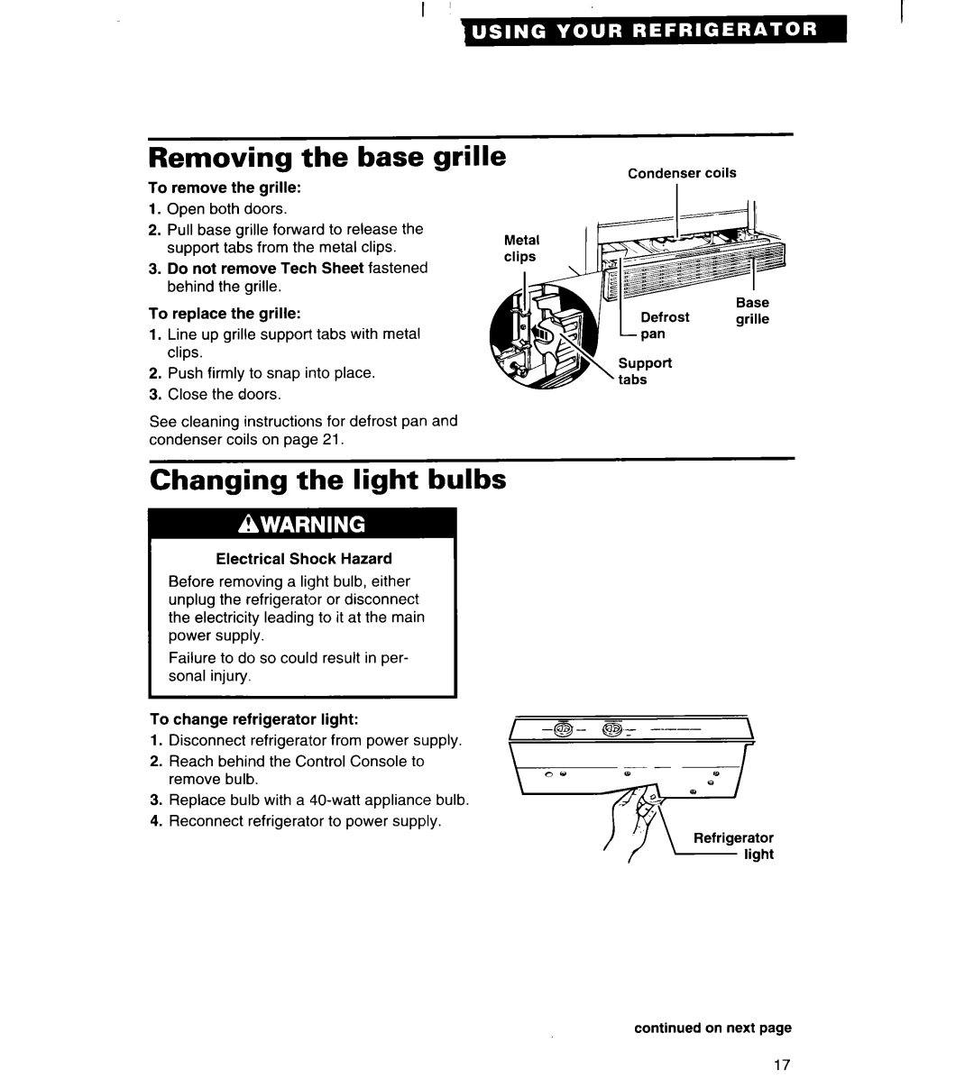 Whirlpool TS22AW important safety instructions Removing the base gril, Changing the light bulbs 