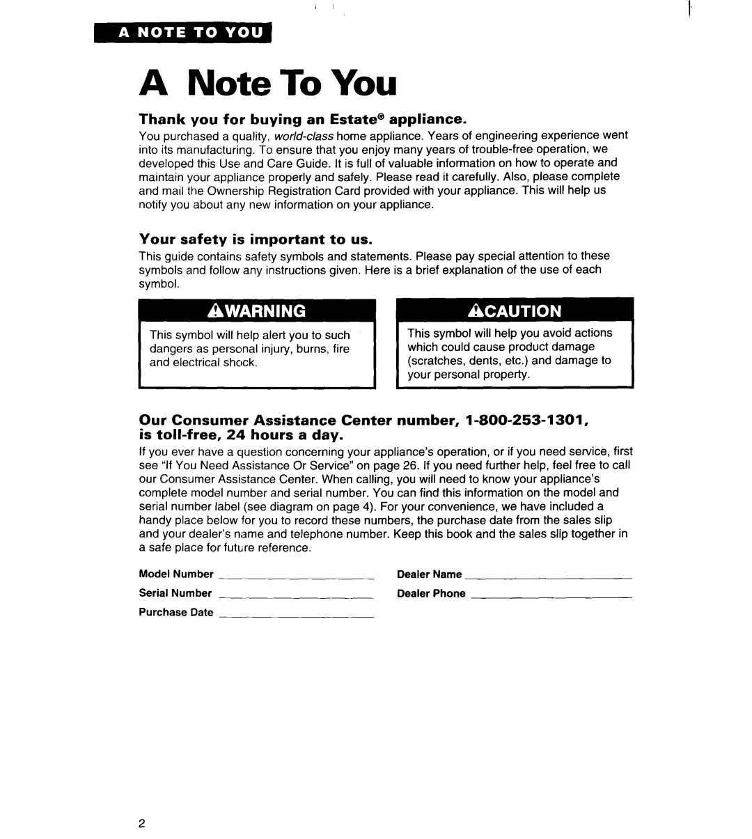 Whirlpool TS22AW important safety instructions Thank you for buying an Estate@’ appliance, Your safety is important to us 