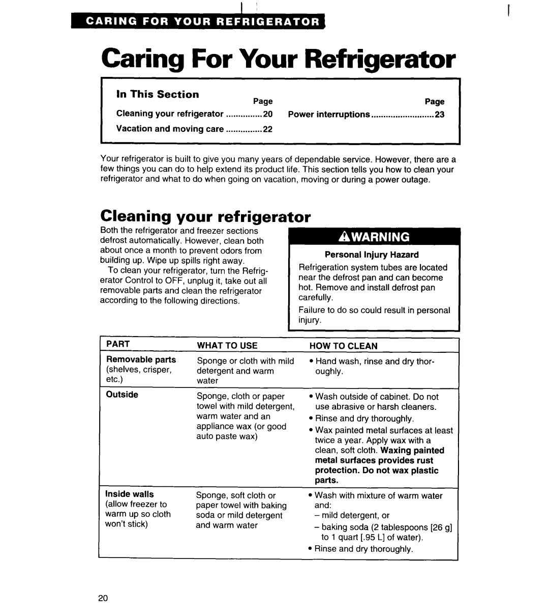 Whirlpool TS22AW important safety instructions Caring For Your Refrigerator, Cleaning your refrigerator, In This Section 