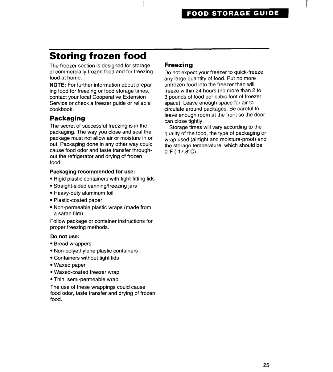 Whirlpool TS22AW important safety instructions Storing frozen food, Packaging, Freezing 