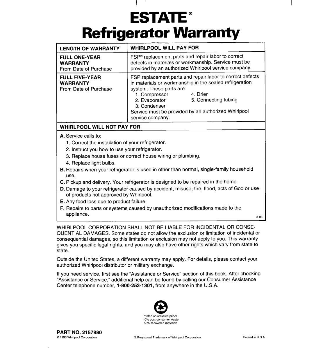 Whirlpool TS22AW important safety instructions ESTATE” Refrigerator Warranty 