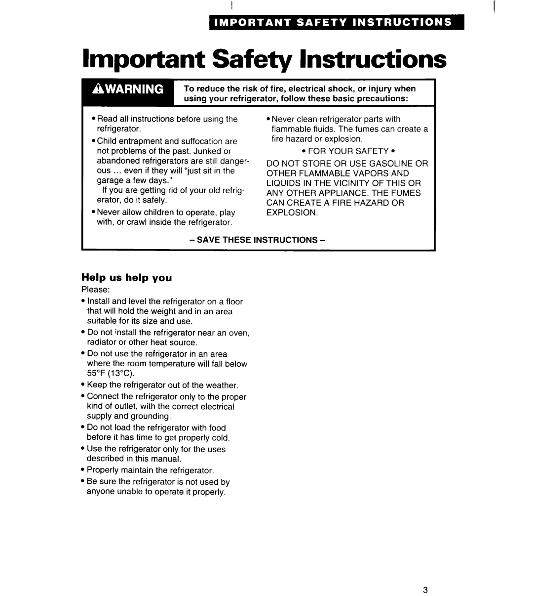 Whirlpool TS22AW important safety instructions Help us help you 