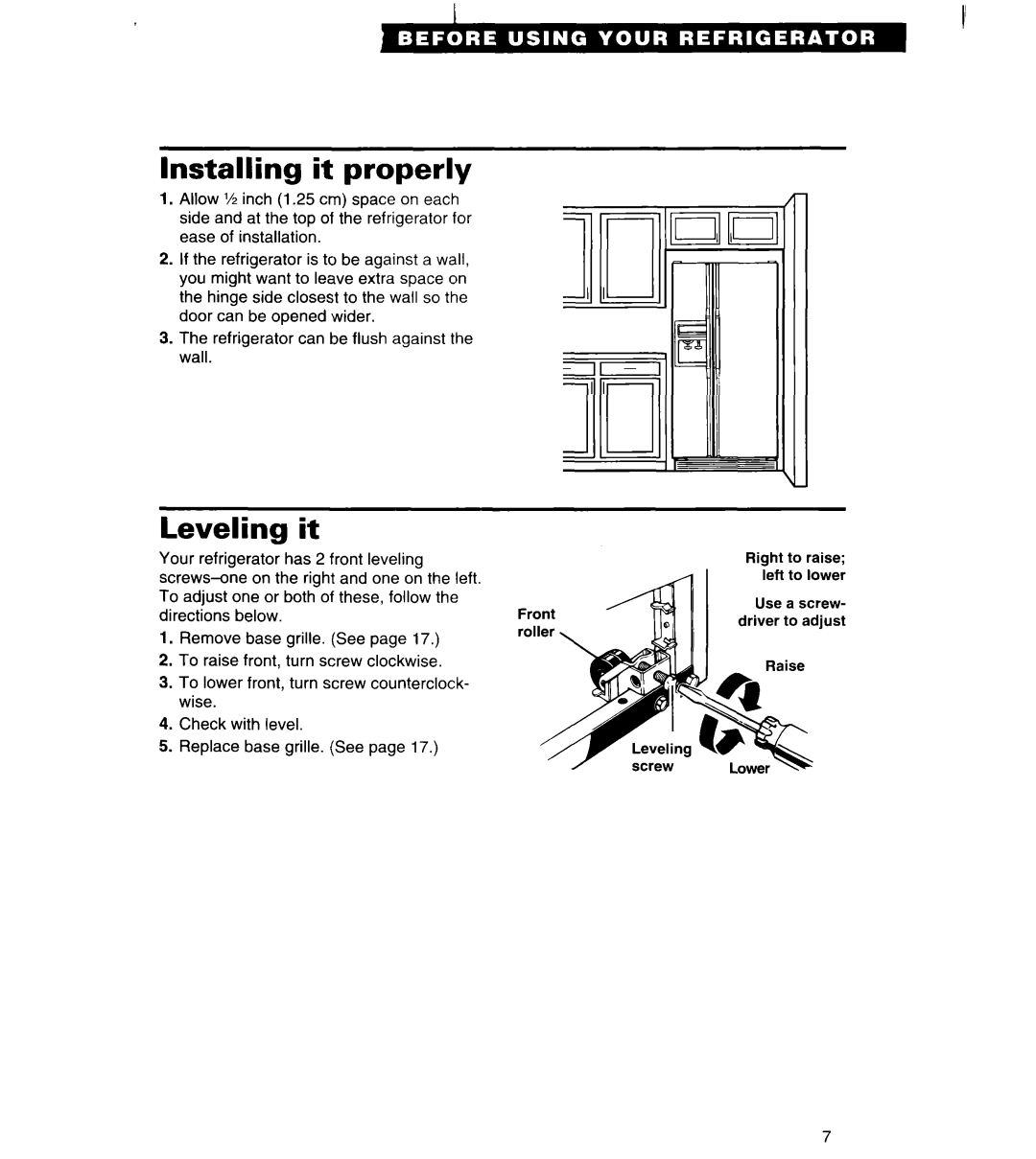 Whirlpool TS22AW important safety instructions Installing it properly, Leveling it 