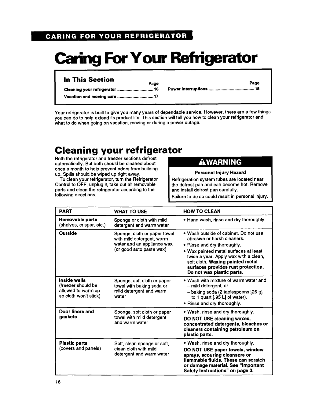 Whirlpool TS22BR warranty Caring ForYour, Cleaning your refrigerator, RIn This Section 