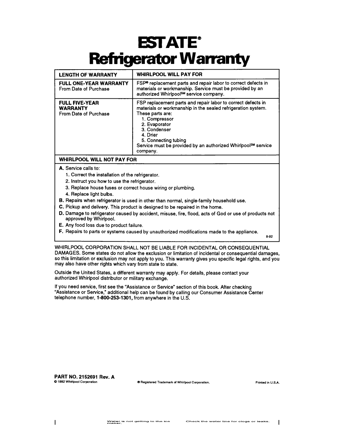 Whirlpool TS22BR Miigemtor Warranty, Lengthofwarranty, Full FIVE-YEAR Warranty, Whirlpool will not PAY for 