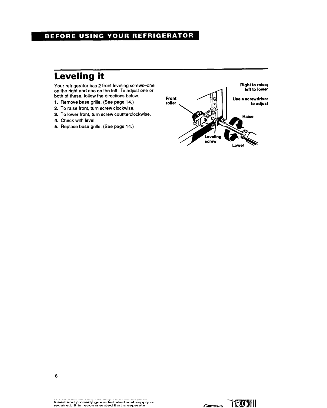 Whirlpool TS22BR warranty Leveling it 