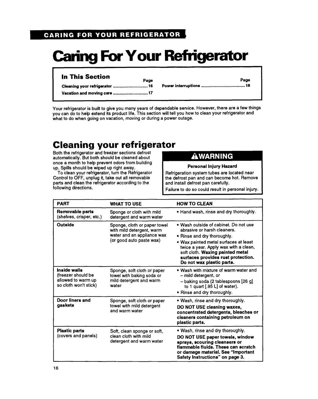 Whirlpool TS22BR warranty Caring ForYour, Refrigerator, Cleaning your refrigerator, rIn This Section 