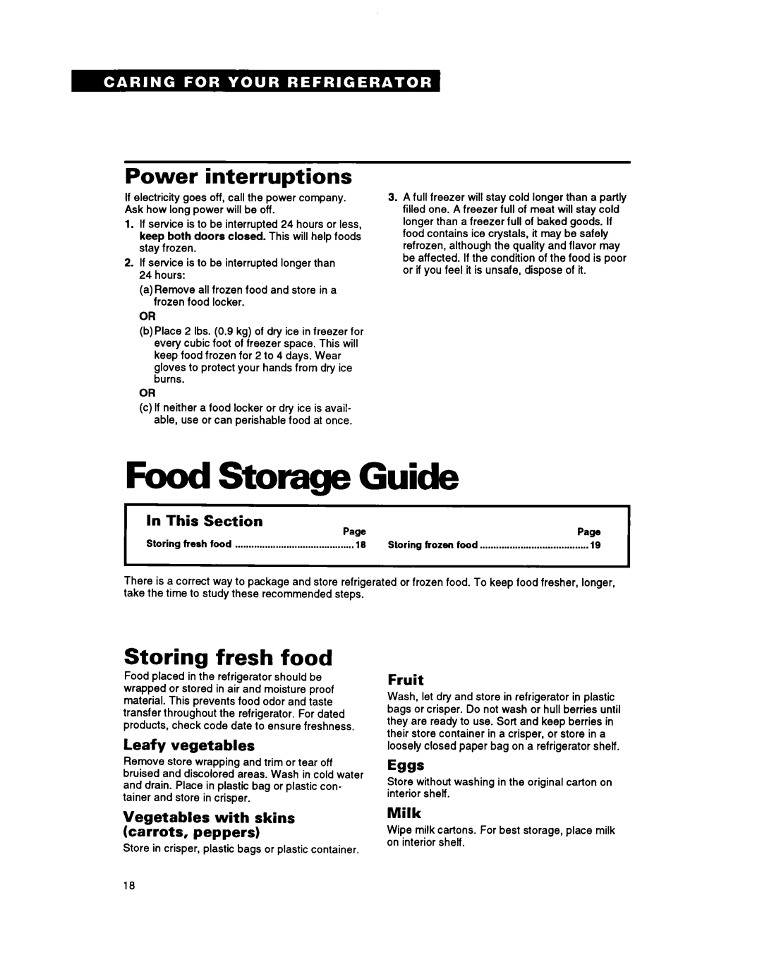 Whirlpool TS22BR Storage, Guide, Power interruptions, Storing fresh food, Section, Leafy vegetables, Fruit, Milk, Food 