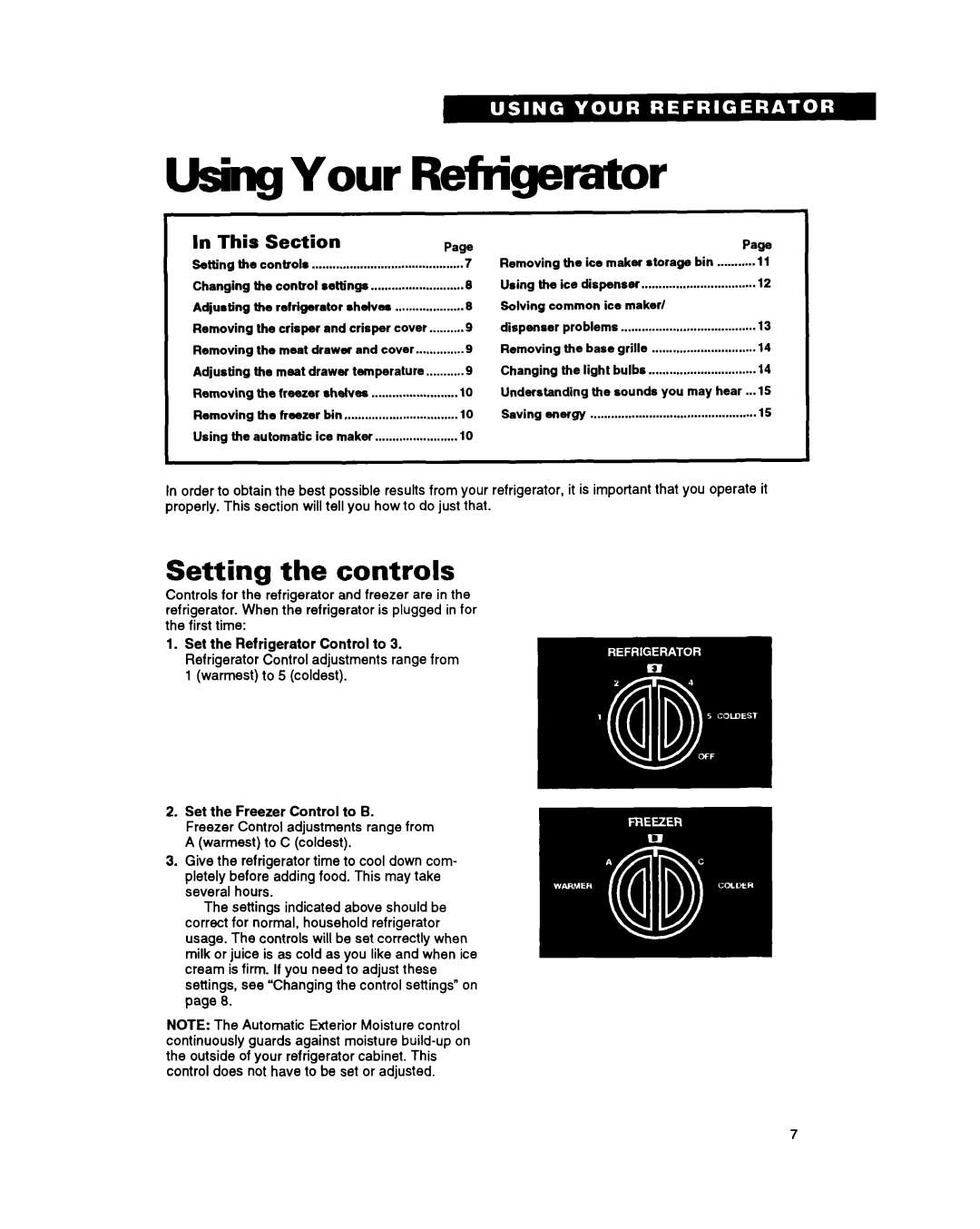 Whirlpool TS22BR warranty Using Your Refrigerator, Setting the controls, In This, Page, Section 