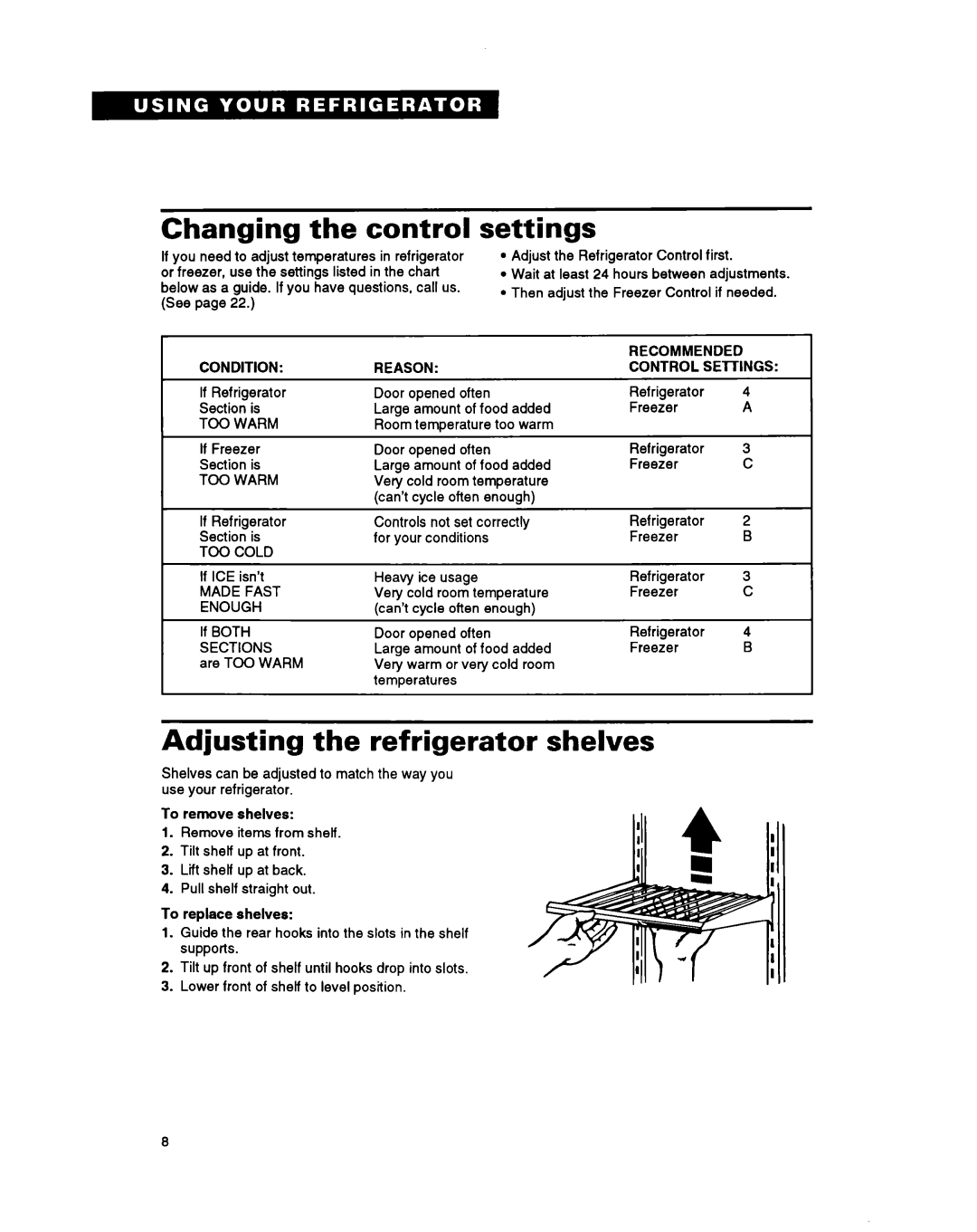 Whirlpool TS22BR warranty Changing the control, settings, Adjusting the refrigerator shelves 