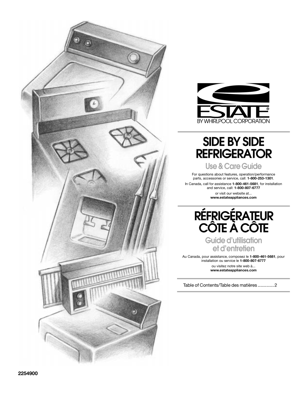Whirlpool TS25AFXKQ00 manual Side By Side Refrigerator, Réfrigérateur Côte À Côte, Use & Care Guide, 2254900 